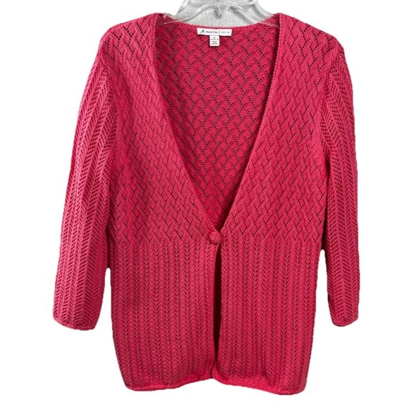 JM Collection Medium Petite Pink Open Knit Short Sleeve Cardigan 100% Cotton EUC - Picture 1 of 7